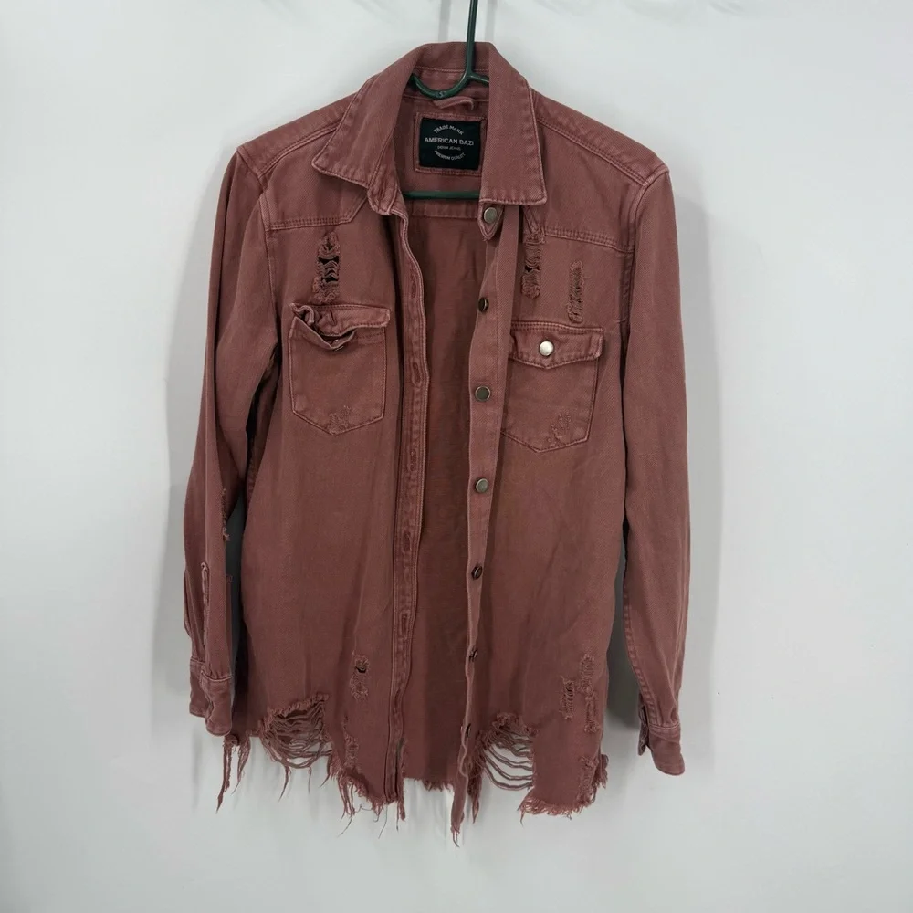 American Bazi Distressed Frayed Hem Denim deep mauve pink Jacket M
